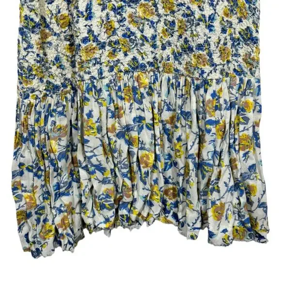 Free People English Garden Smocked Floral Print Dress XS Yellow Blue Boho Mini - Picture 5 of 8